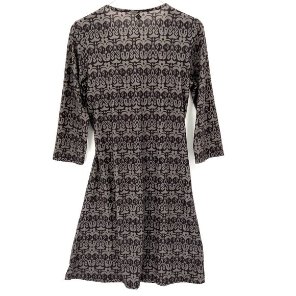Prana Printed V-Neck Faux Wrap Twist Front Dress Black Grey Stretch Size Medium - Picture 4 of 8